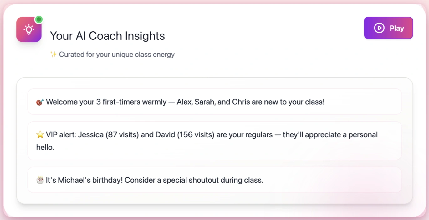 AI Coach Insights - Personalized tips for first-timers, VIPs, and birthdays